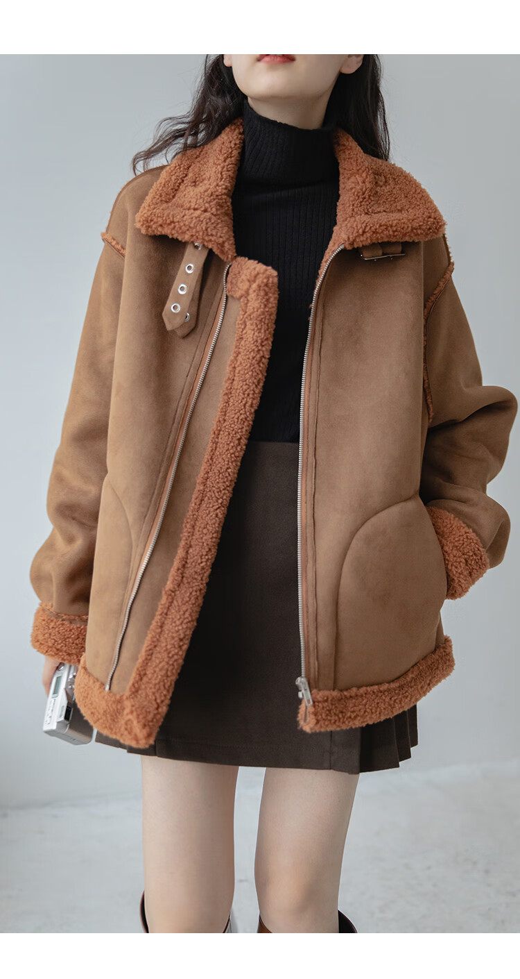 佳昭立领麂皮绒机车服外套女皮毛一体2021冬季新款加厚保暖上衣棕色s