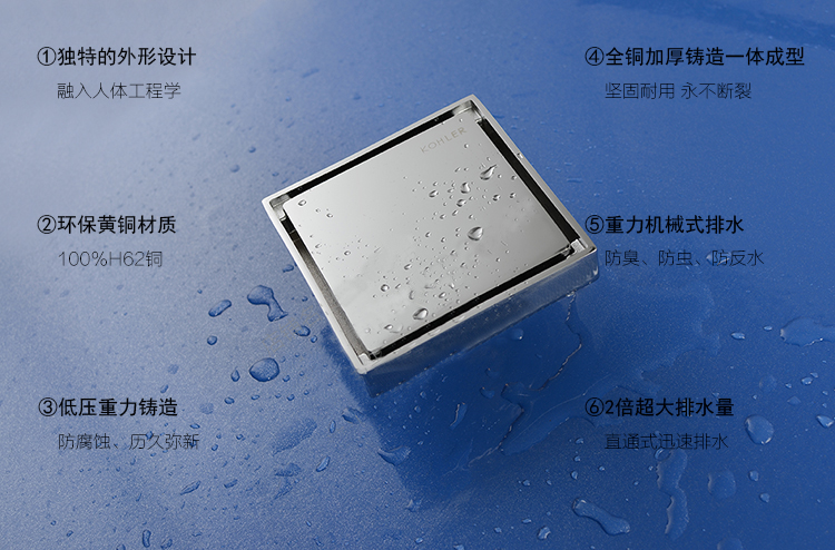 科勒k75422全铜隐形地漏下水防臭卫生间浴室阳台洗衣机地漏隐藏式银色