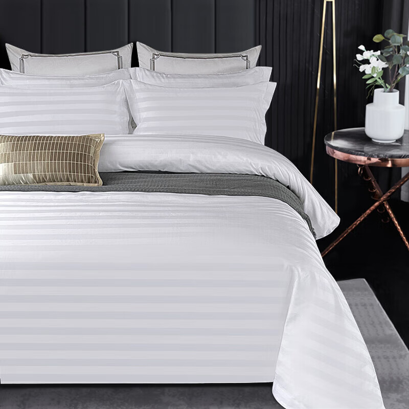 玉琦（YUQI）白色酒店四件套 星级3cm缎纹棉床上用品床单被套