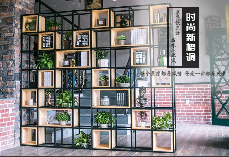 可定做 精甄 铁艺餐厅屏风隔断书架工业风实木格子办公室置物架玄关LOFT展示架餐厅门店奶茶店隔断柜 长90*30*210CM高