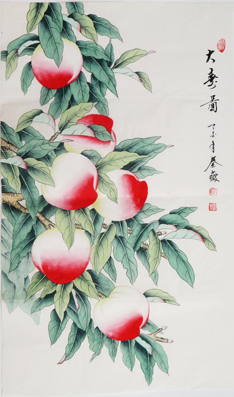 工笔画画寿桃装饰画手绘花鸟画三尺玄关客厅挂画字画秦薇01129 六尺