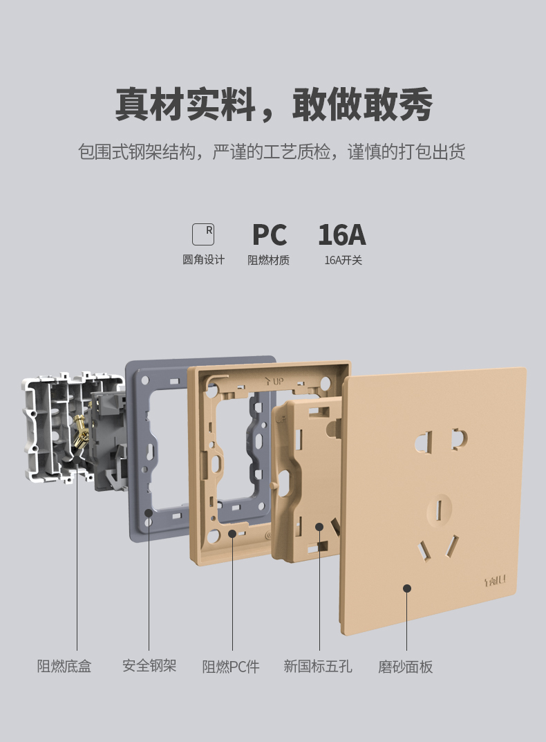 泰力功能键 86型开关插座暗装金色家用 二开三开连体面板模块(半成品