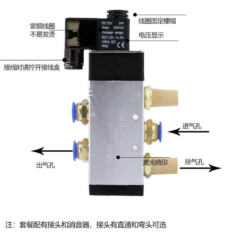 定制气动电磁阀4v21008二位五通220v气缸电磁换气阀12v线圈24v控制阀