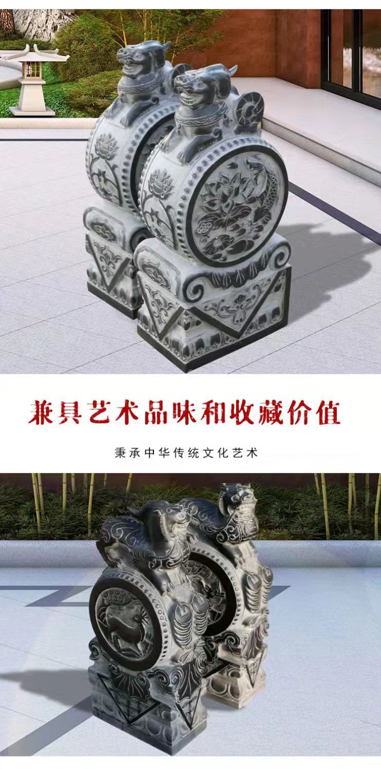 蓝桂青石仿古做旧福字鱼石雕门墩抱鼓石一对门当户对石墩家用门口精雕