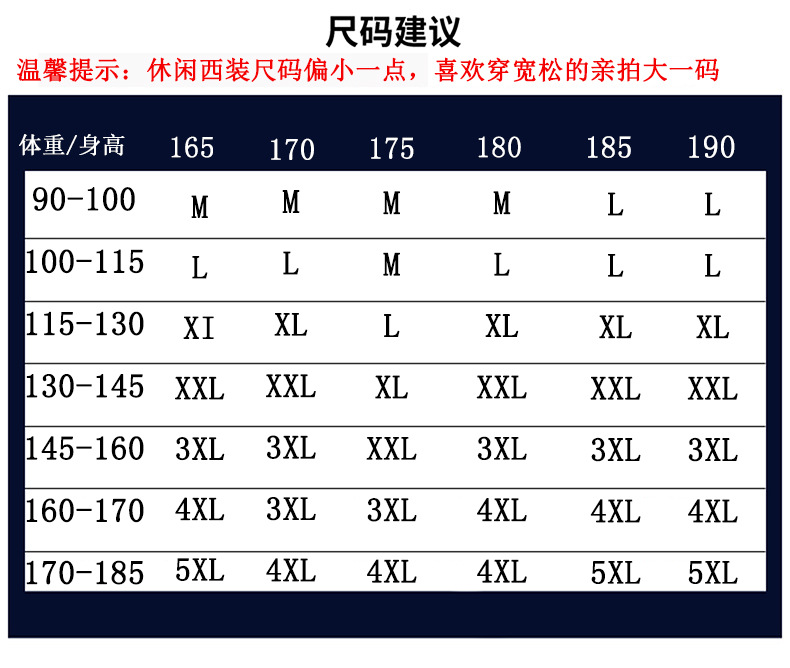 身高尺码表西装6码新