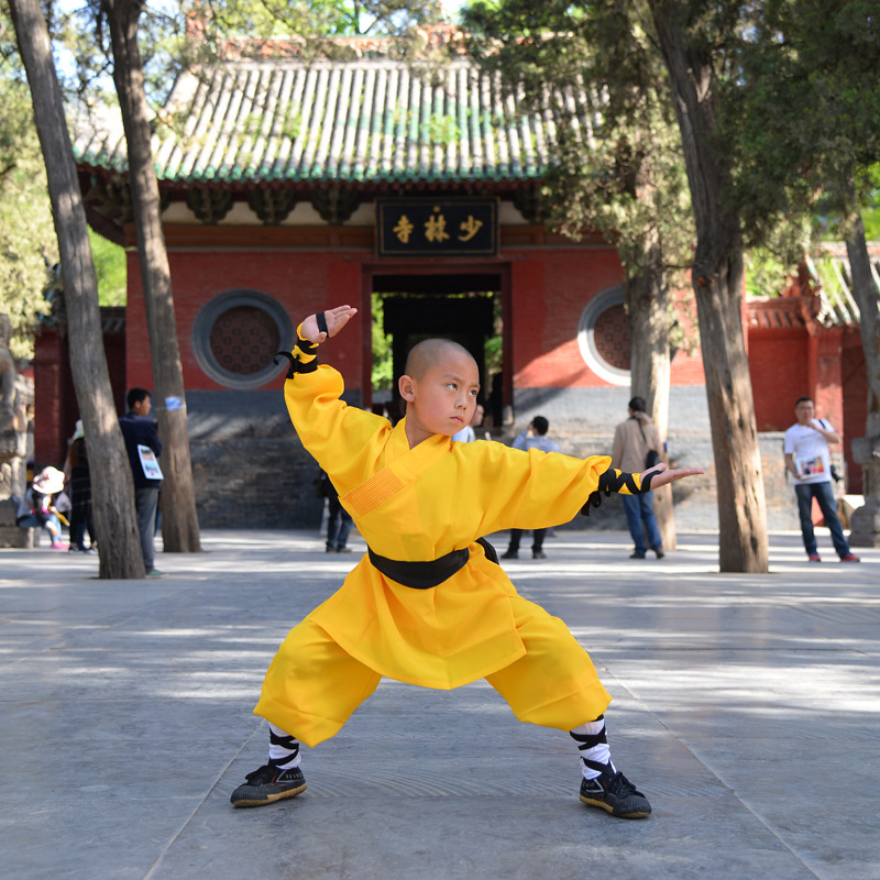 少林寺武僧服装橘红色儿童成人少林武术练功服大全表演服橘红色130cm