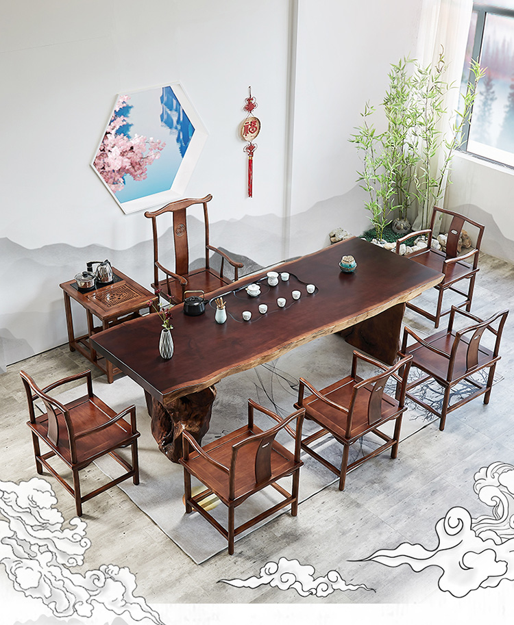 优品元素 实木茶桌 带茶盘茶桌椅组合 新中式原木整板大板茶台桌 办公