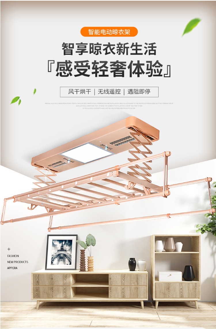 电动晾衣架智能全自动阳台升降晾衣架伸缩晒衣架衣服架室外烘干风干消毒晾衣杆多功能无线遥控挂衣架 高雅黑 四杆(遥控升降+LED照明)