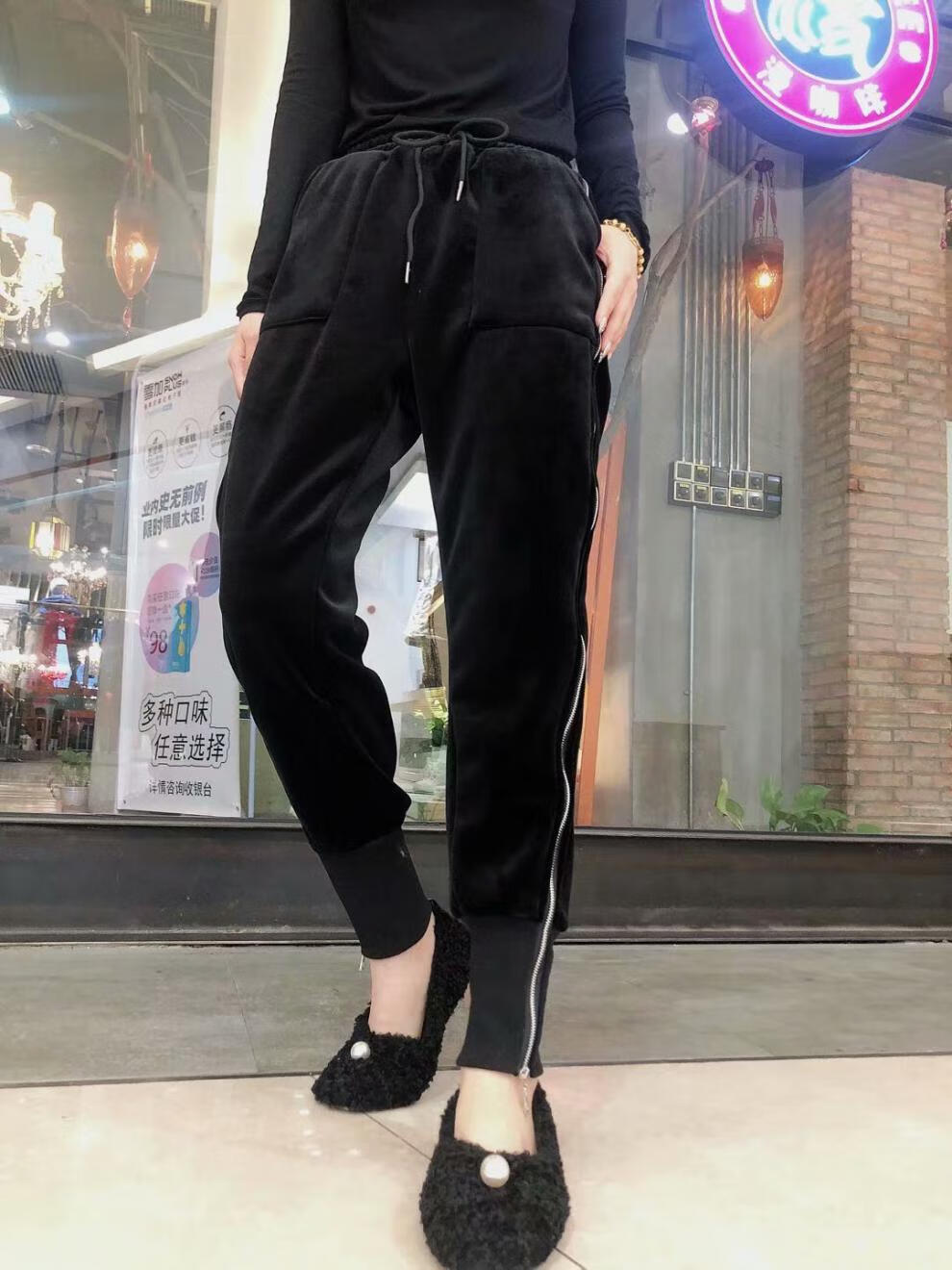 官方同款欧货卫裤女2019秋冬新侧拉链松紧腰小脚休闲卫裤哈伦裤女裤潮