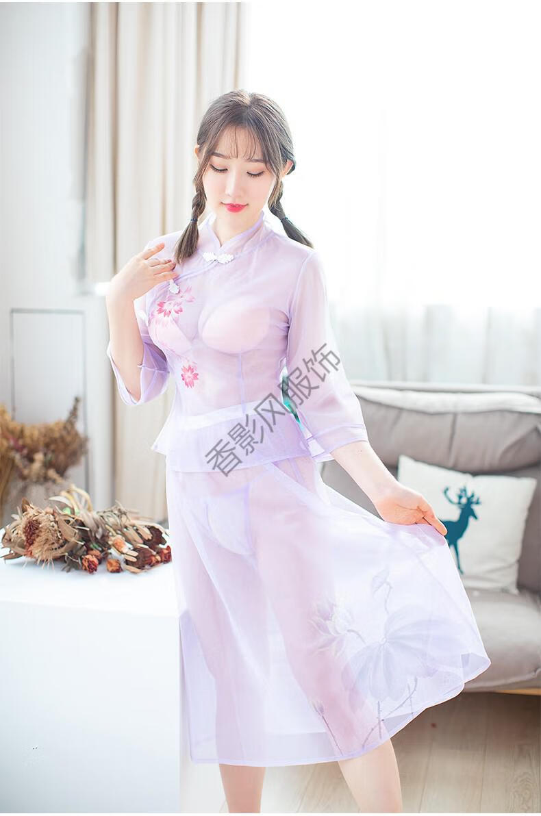 香风影复古旗袍式民国风性感睡衣女三件套透明情趣睡裙薄款内衣角色