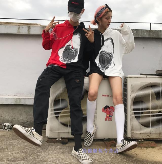 花花公子潮男装韩国ins秋季鲨鱼印花连帽卫衣bf男女款