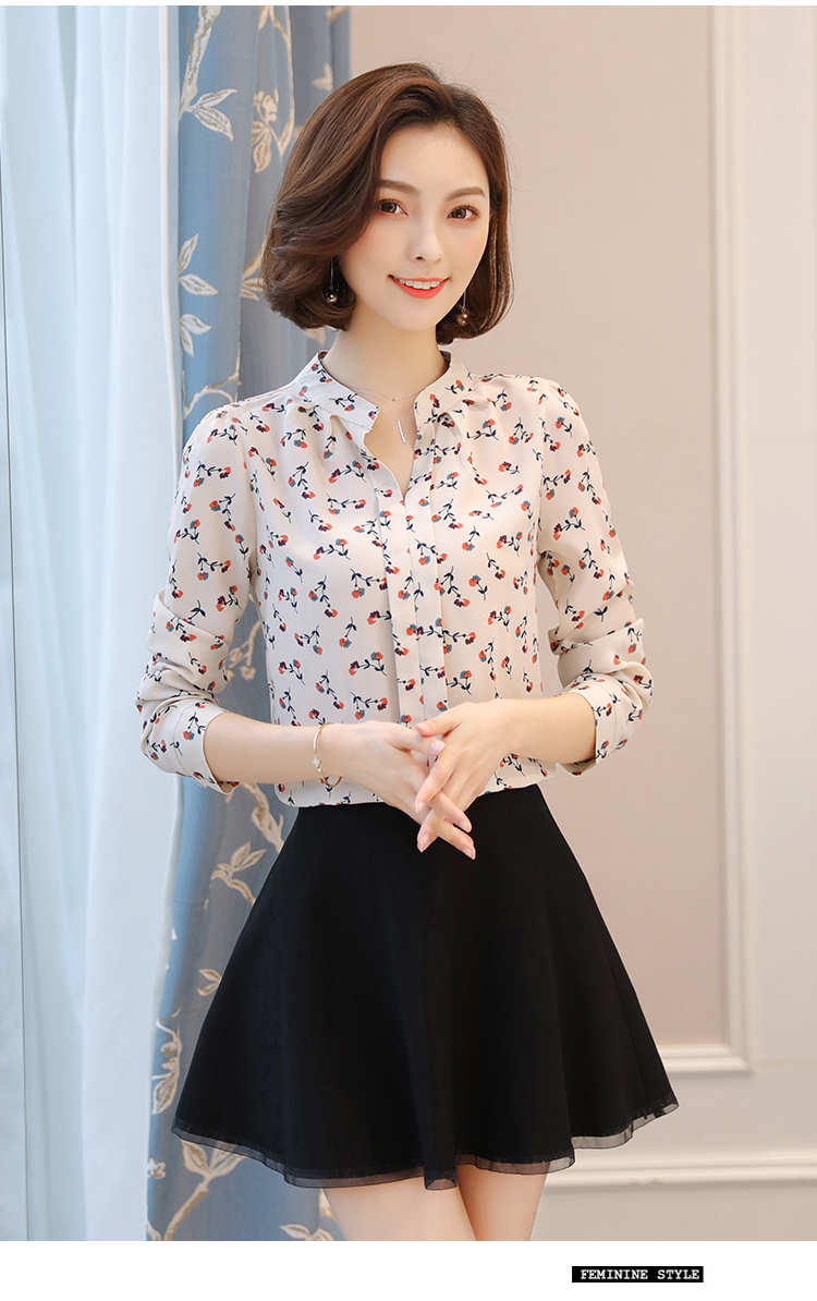 2018春季款韩版女装长袖碎花雪纺衫修身百搭上衣衬衫女士打底衫 米