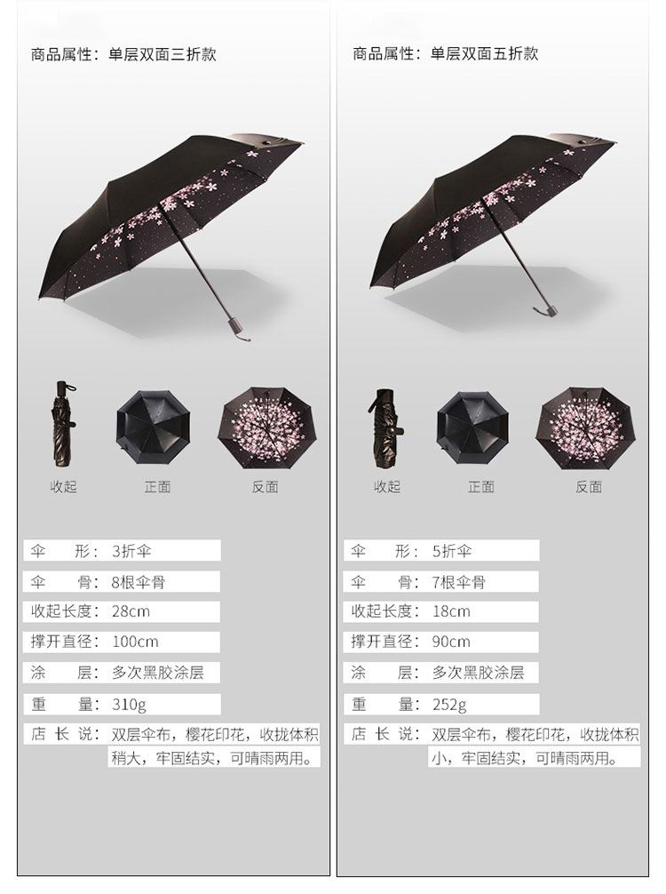 口袋太阳伞女折叠防紫外线伞晴雨伞防晒伞女五折伞遮阳伞 三折-樱花雨
