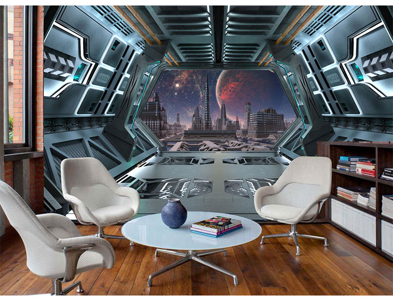 月上映画 3d立体宇宙太空舱壁画酒吧ktv包间背景墙纸定制个性科幻星际
