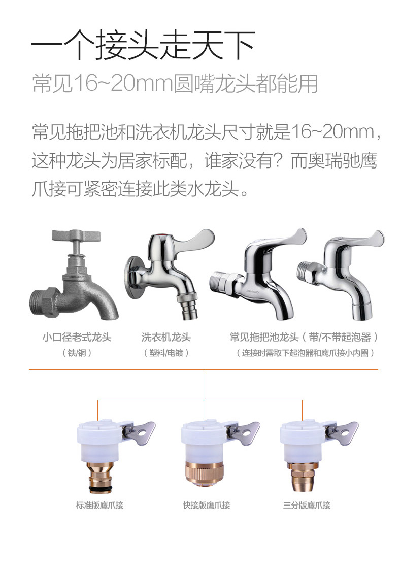 水管软管快速通水接头连接四分管洗衣机水龙头转换头一分二标准版鹰爪