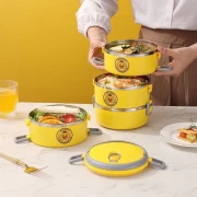 Grapefruit little yellow duck children's double-layer insulation lunch box stainless steel three-layer primary school students large-capacity lunch box round barrel three-layer lunch box