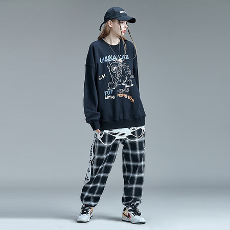 Guuka tide brand hand-painted doodle sweater male 2020 autumn new teen Japanese hip hop street small monster print round neck sports pull sweater loose ribbed top black m Guuka tide brand hand-painted doodle sweater male 2020 autumn new teen Japanese hip hop street small monster print round neck sports pull sweater loose ribbed top black m