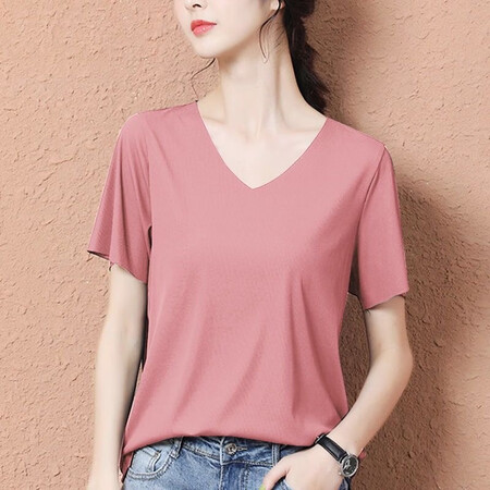 Pincai new ice silk short-sleeved T-shirt spring and summer solid color women's 2020 thin section trendy V-neck compassionate Korean version of the white loose top white One size recommendation 80-125 kg Pincai new ice silk short-sleeved T-shirt spring and summer solid color women's 2020 thin section trendy V-neck compassionate Korean version of the white loose top white One size recommendation 80-125 kg