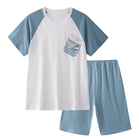 Urban Fengshang couple pajamas men's summer 2021 thin soft cotton skin-friendly casual simple contrast color stitching loose can be worn outside men's short home service suit 4H1200 haze blue XL Urban Fengshang couple pajamas men's summer 2021 thin soft cotton skin-friendly casual simple contrast color stitching loose can be worn outside men's short home service suit 4H1200 haze blue XL
