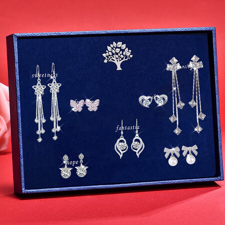 Gunai 925 silver earrings female one week earrings set length and short paragraph ladies tassel earrings four-leaf clover student silver needle pearl earrings temperament all-match trend fashion jewelry jewelry gift box T199 bright earrings seven-piece set Gunai 925 silver earrings female one week earrings set length and short paragraph ladies tassel earrings four-leaf clover student silver needle pearl earrings temperament all-match trend fashion jewelry jewelry gift box T199 bright earrings seven-piece set