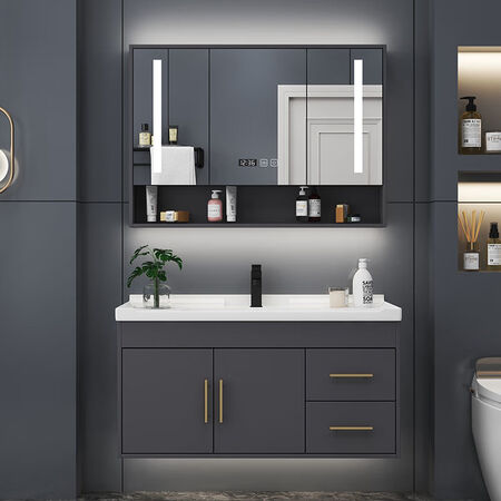 Yanfeng modern light luxury smart mirror ceramic integrated basin cabinet bathroom cabinet combination bathroom hotel wind vanity sink small apartment washbasin cabinet iron gray 0.6m ceramic basin + ordinary mirror cabinet with installation Yanfeng modern light luxury smart mirror ceramic integrated basin cabinet bathroom cabinet combination bathroom hotel wind vanity sink small apartment washbasin cabinet iron gray 0.6m ceramic basin + ordinary mirror cabinet with installation