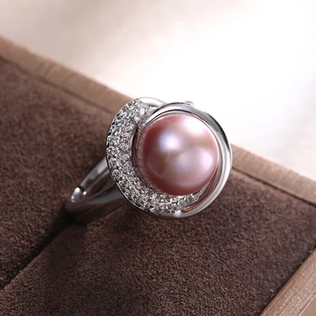 Demi jewelry large grain plump pearl powder purple freshwater pearl ring S925 silver 9-10mm Demi jewelry large grain plump pearl powder purple freshwater pearl ring S925 silver 9-10mm
