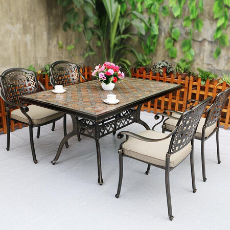 Aoting outdoor furniture cast aluminum table and chair five-piece set combination outdoor balcony European-style courtyard garden terrace sun room leisure outdoor table coffee iron table and chair seven-piece set bronze 150CM one table and four chairs A combination with seat cushion Aoting outdoor furniture cast aluminum table and chair five-piece set combination outdoor balcony European-style courtyard garden terrace sun room leisure outdoor table coffee iron table and chair seven-piece set bronze 150CM one table and four chairs A combination with seat cushion