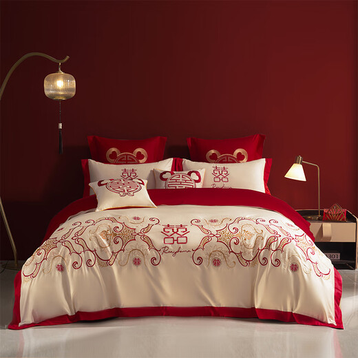 Donkey Xiaozhu embroidered wedding kit embroidered big red wedding four-piece multi-piece bedding set. Favorite 1.5m bed sheet style four-piece set 200*230 Donkey Xiaozhu embroidered wedding kit embroidered big red wedding four-piece multi-piece bedding set. Favorite 1.5m bed sheet style four-piece set 200*230
