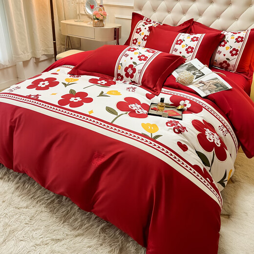 Bei Shirou newlywed four-piece set of skin-friendly cotton big red bed sheets and quilt cover wedding bedding wedding room dowry Huaxi 1.8m bed sheet style four-piece set (quilt cover 200*230 Bei Shirou newlywed four-piece set of skin-friendly cotton big red bed sheets and quilt cover wedding bedding wedding room dowry Huaxi 1.8m bed sheet style four-piece set (quilt cover 200*230