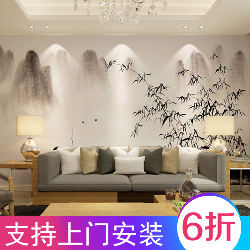 荷图 中式新古典壁纸定制壁画风景手绘水墨竹子墙纸客厅电视背景墙