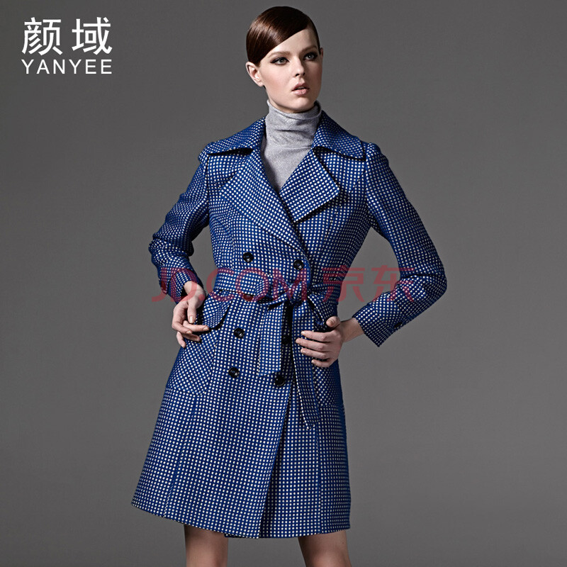秋冬新款欧美英伦大衣 女 格子双排扣修身长款翻领外套 04w3355 蓝色