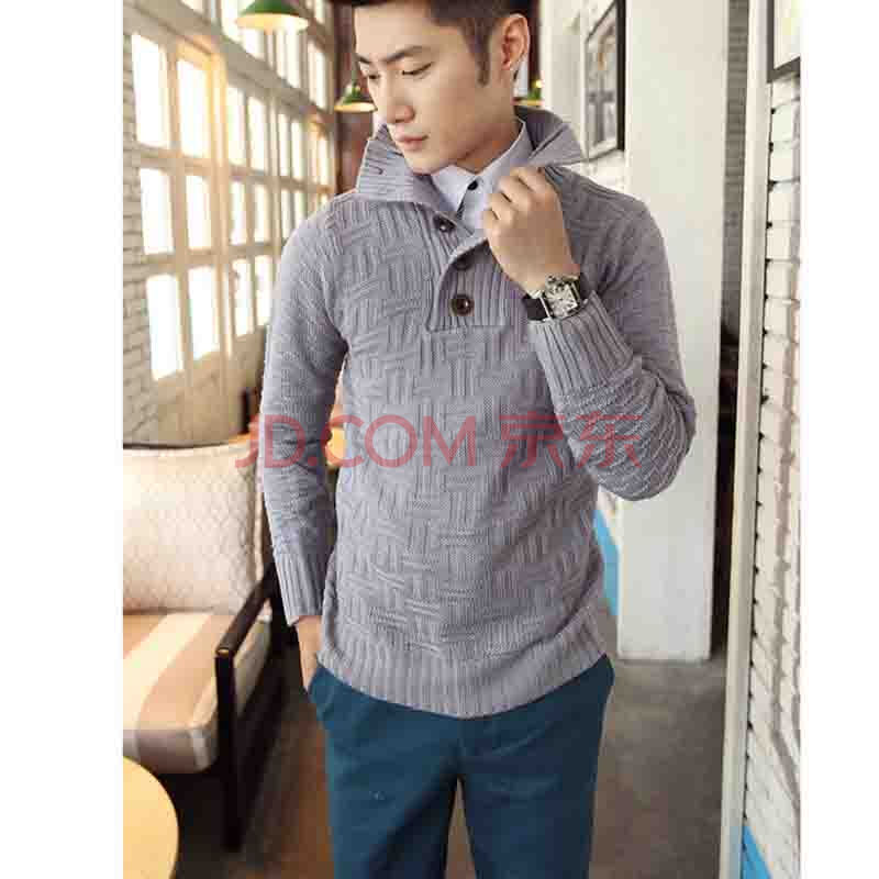 时尚复古<em>编织</em>图案<em>男士</em>韩版<em>外套</em>修身五扣领<em>毛衣</em>