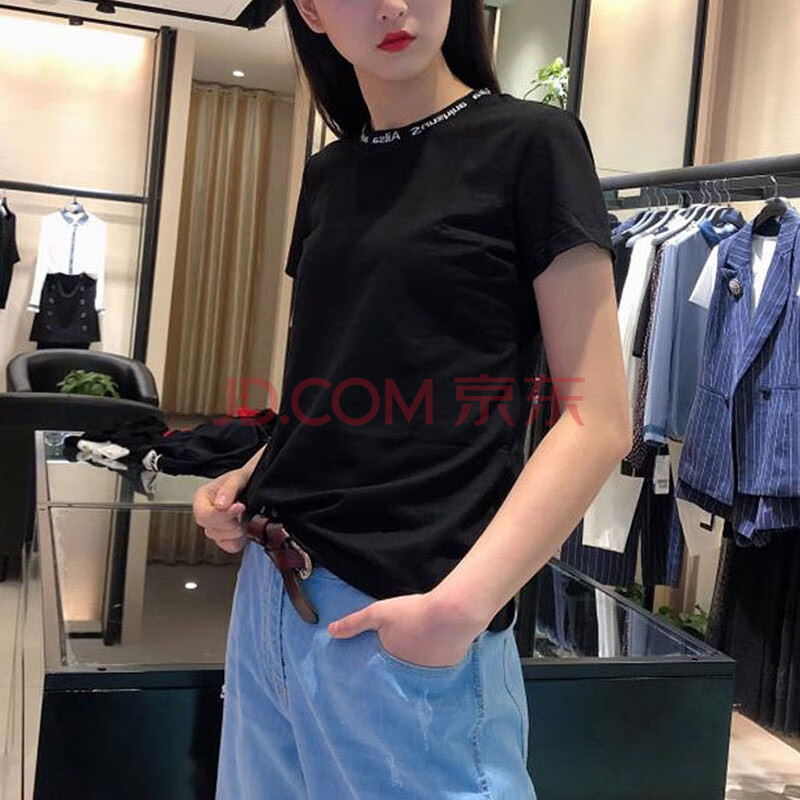 阿玛施瑞女装官方网专柜正品新款时尚百搭字母领短袖t恤女 黑色 5/xl
