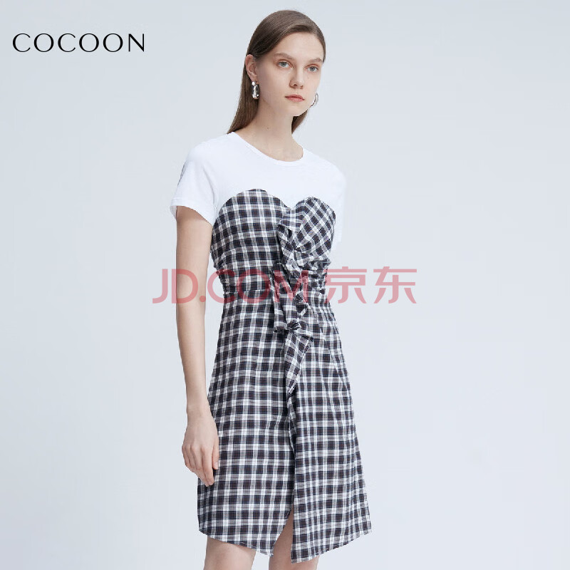 可可尼cocoon miss cocoon2020夏装新款女装抹胸抽褶格子连衣裙 格子