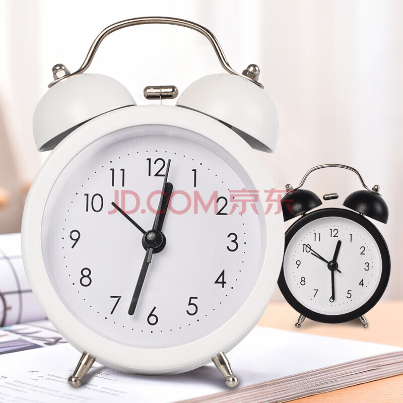新新精艺 闹钟复古金属可挂台式个性夜灯创意学生双铃儿童闹铃卧室床头夜光定时起床打铃小闹钟表 白色款