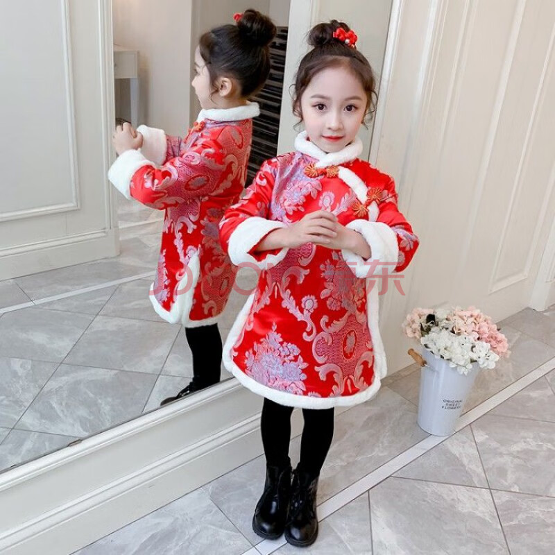 旗袍裙大童中国风唐装小女孩拜年服新年装古筝演出服加厚冬装 红色