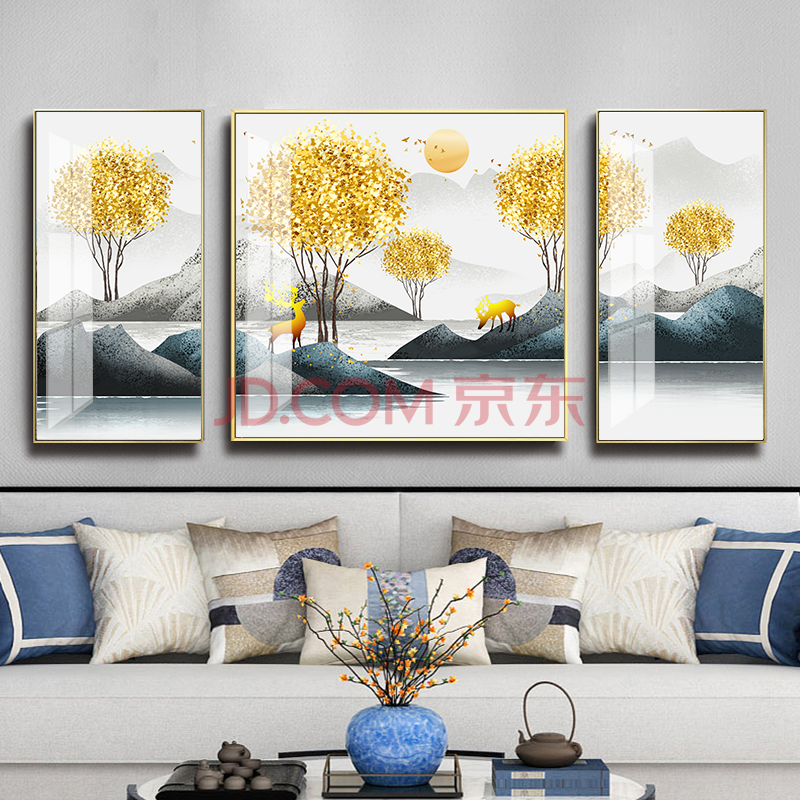 装饰画现代简约装饰画壁画轻奢晶瓷画沙发背景墙北欧风格福禄三联挂画