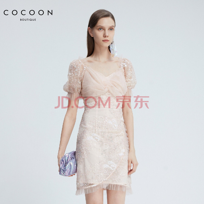 可可尼cocoon miss cocoon2020夏装新款女装法式方领连衣裙 桔色 160