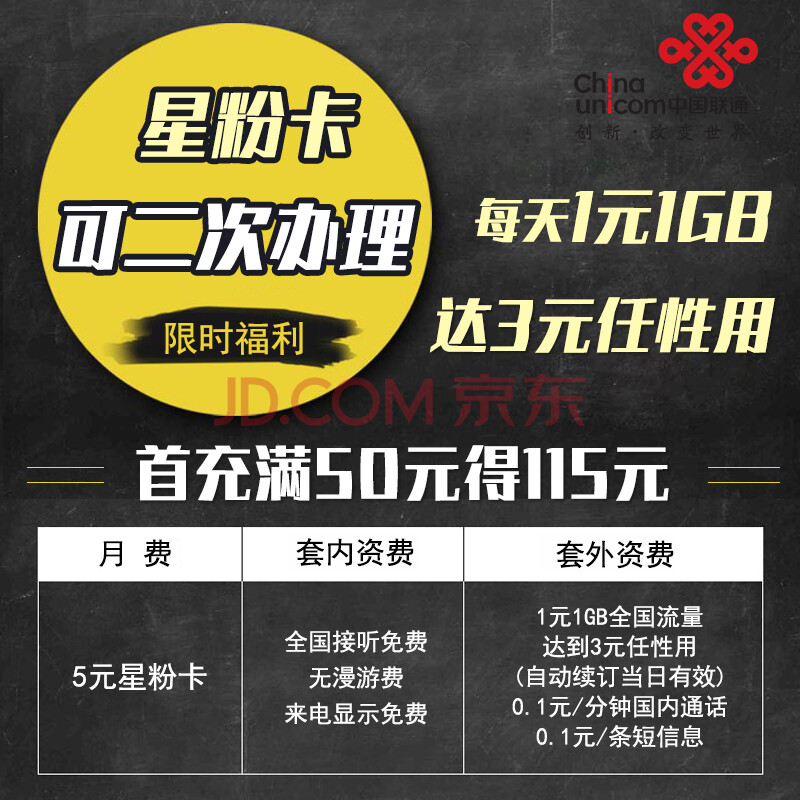 联通 中国 星粉卡4g手机号码流量卡1元1g 2元2g 3元任性用套餐电话卡