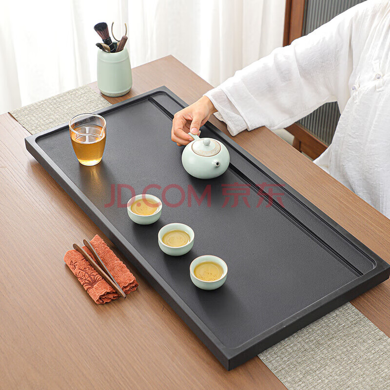咪曦乌金石茶盘带排水整块石头茶台家用茶具套装大号茶托盘60*30