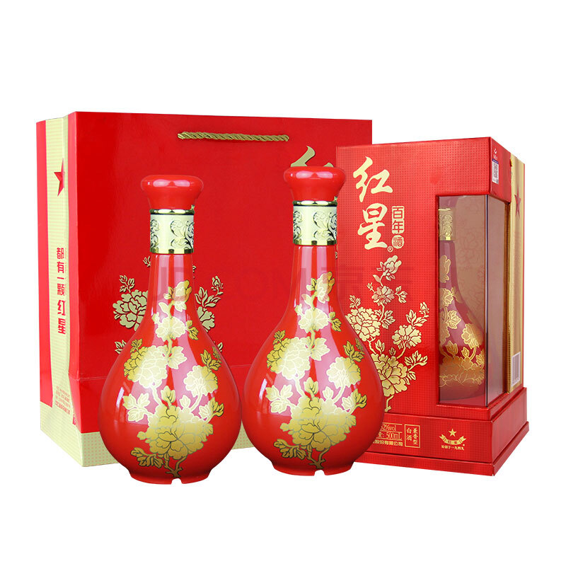 红星二锅头 花开富贵 百年酒浓香/兼香型白酒 52度 500ml*2瓶 赠礼袋