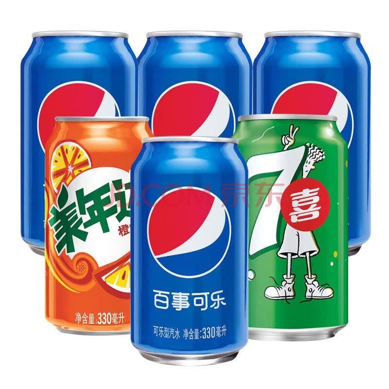 330ml*24听便携易拉罐夏季碳酸饮料 可乐12罐 七喜6罐 美年达橙子6罐