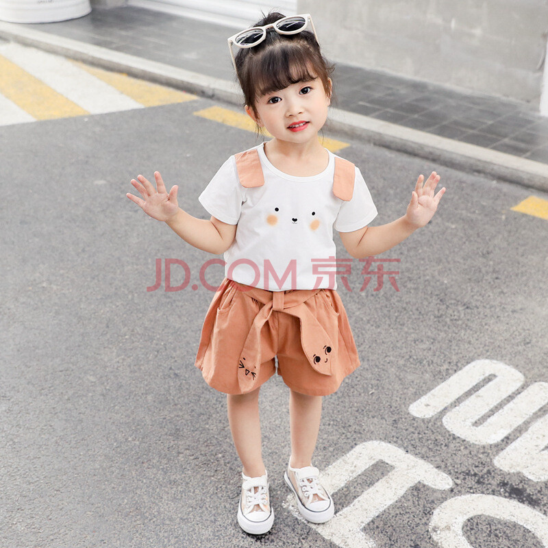 夏季女宝宝衣服2岁小女孩3岁儿童韩版潮两件套 冯可爱耳短袖套卡其 80