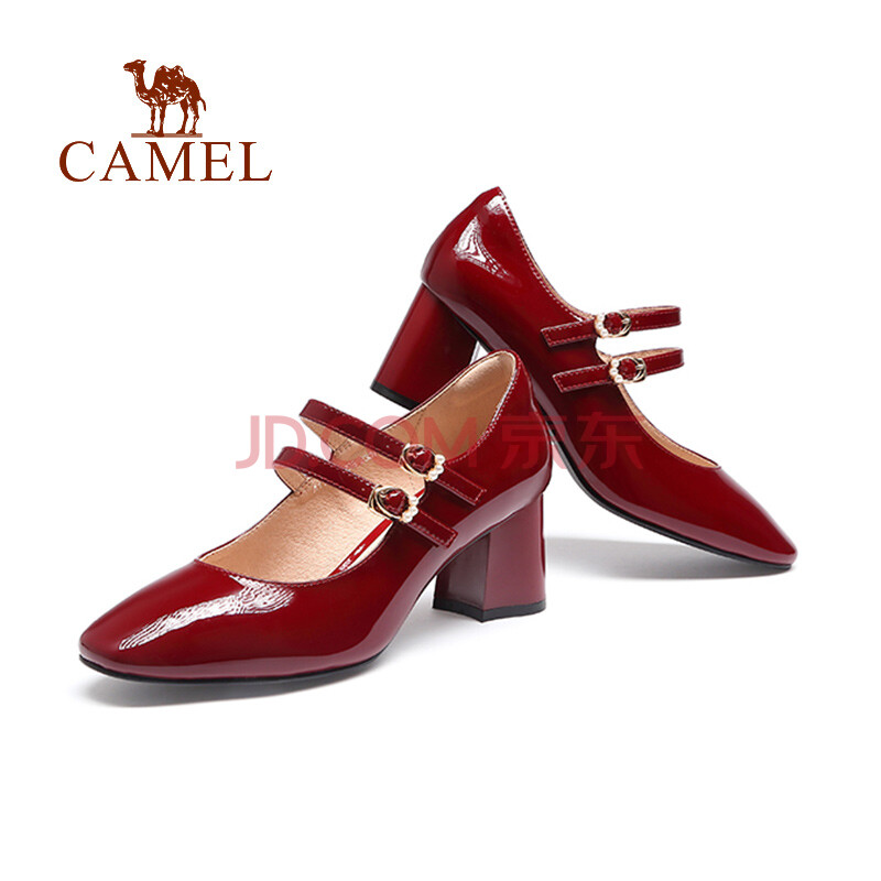 骆驼(camel)女鞋 2021春小皮鞋女低帮休闲单鞋女圆头粗跟单鞋女 樱桃
