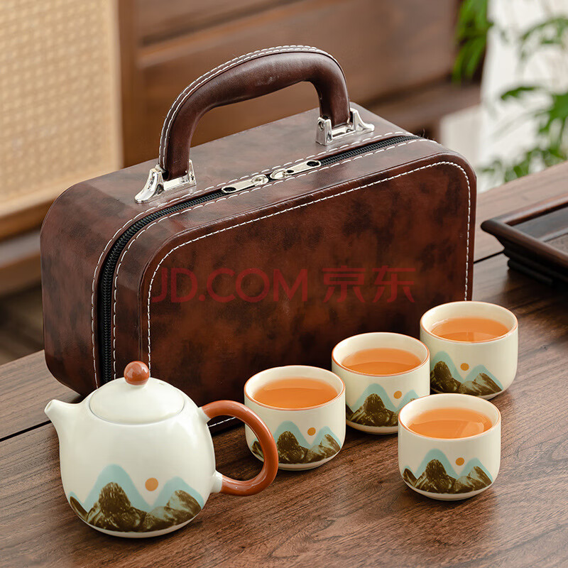 茶循 便携式旅行茶具小套装 汝窑青山【龙蛋壶+4杯】小棕包