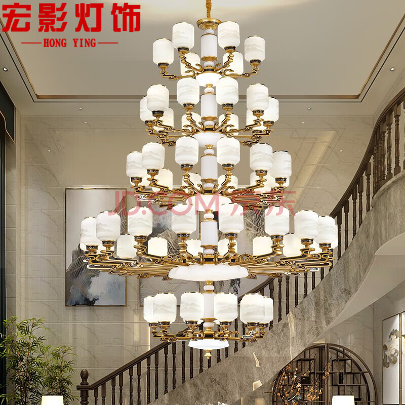 宏影 新中式别墅大吊灯 中国风大气客厅灯具现代简约锌合金挑空中空