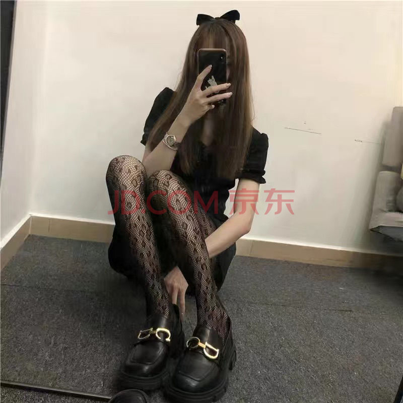 余先森辣妹蝴蝶结黑丝镂空渔网袜提花图案ins性感暗黑蕾丝连裤网袜
