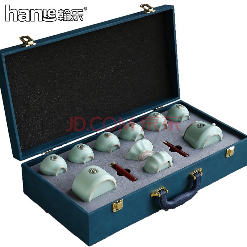 翰乐汝窑天青色高级茶具侧把壶便携礼盒套装HL-FZSZ汝窑福在手中