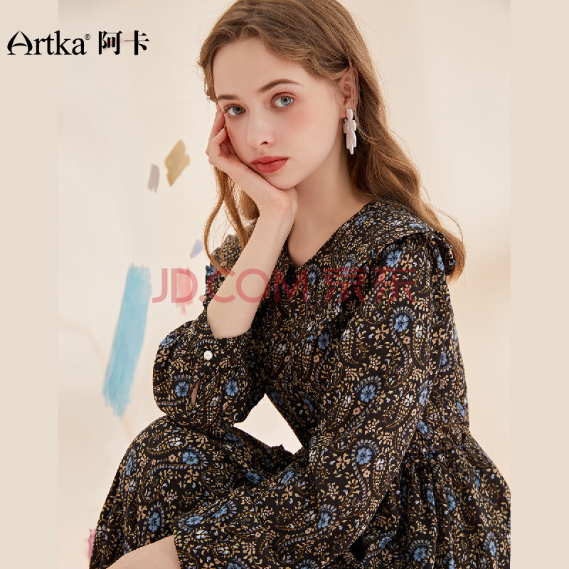 artka【2021春夏新款】阿卡娃娃领连衣裙女高腰碎花时尚宽松裙子