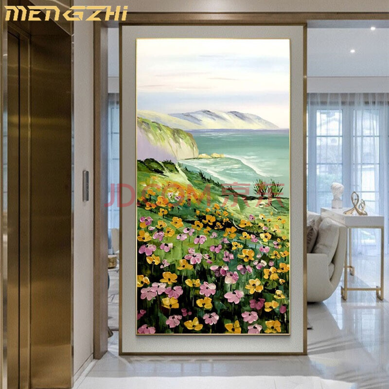 mengzhi轻奢品牌玄关装饰画立体油画手绘风景画海景大幅壁画入户走廊
